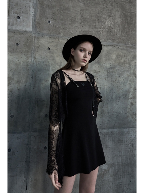 Metal Nail Leather Shoulder Strap Front Chest Coriaceous Love Embroidery Black Punk Sling Dress