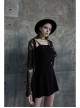 Metal Nail Leather Shoulder Strap Front Chest Coriaceous Love Embroidery Black Punk Sling Dress
