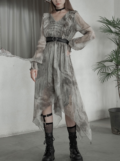 V-Neck Front Chest Embroidered Lantern Sleeve Leather Belt Grey Punk Print Chiffon Dress