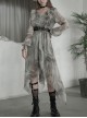 V-Neck Front Chest Embroidered Lantern Sleeve Leather Belt Grey Punk Print Chiffon Dress