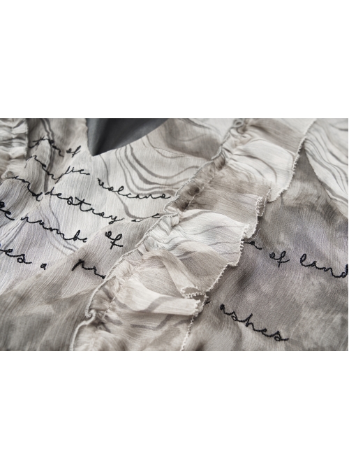 V-Neck Front Chest Embroidered Lantern Sleeve Leather Belt Grey Punk Print Chiffon Dress