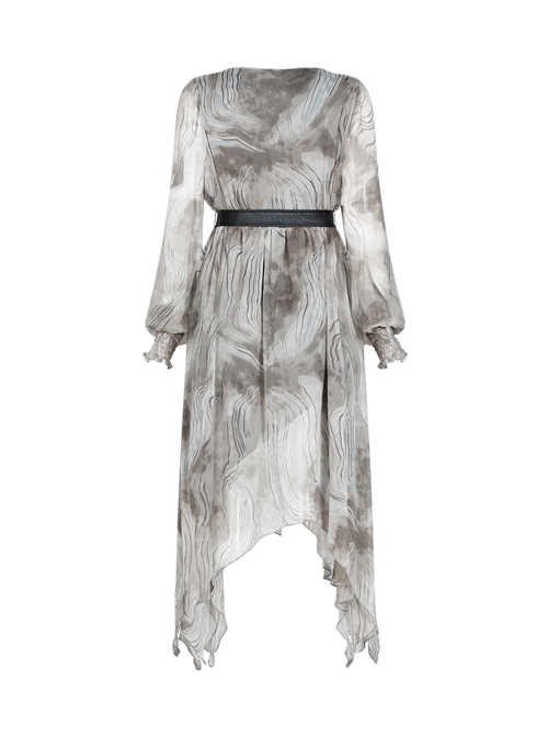 V-Neck Front Chest Embroidered Lantern Sleeve Leather Belt Grey Punk Print Chiffon Dress