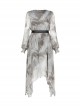 V-Neck Front Chest Embroidered Lantern Sleeve Leather Belt Grey Punk Print Chiffon Dress