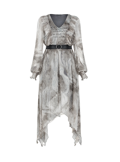 V-Neck Front Chest Embroidered Lantern Sleeve Leather Belt Grey Punk Print Chiffon Dress