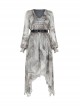 V-Neck Front Chest Embroidered Lantern Sleeve Leather Belt Grey Punk Print Chiffon Dress