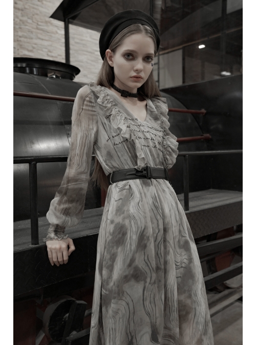 V-Neck Front Chest Embroidered Lantern Sleeve Leather Belt Grey Punk Print Chiffon Dress