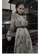 V-Neck Front Chest Embroidered Lantern Sleeve Leather Belt Grey Punk Print Chiffon Dress