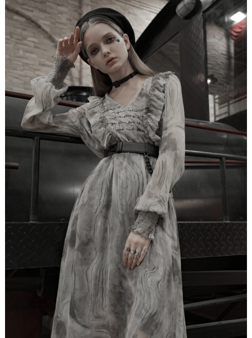 V-Neck Front Chest Embroidered Lantern Sleeve Leather Belt Grey Punk Print Chiffon Dress
