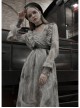 V-Neck Front Chest Embroidered Lantern Sleeve Leather Belt Grey Punk Print Chiffon Dress