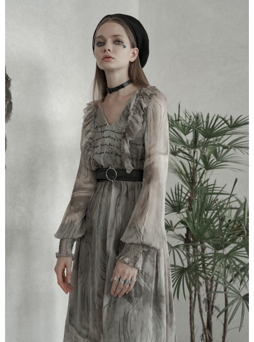 V-Neck Front Chest Embroidered Lantern Sleeve Leather Belt Grey Punk Print Chiffon Dress
