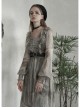 V-Neck Front Chest Embroidered Lantern Sleeve Leather Belt Grey Punk Print Chiffon Dress