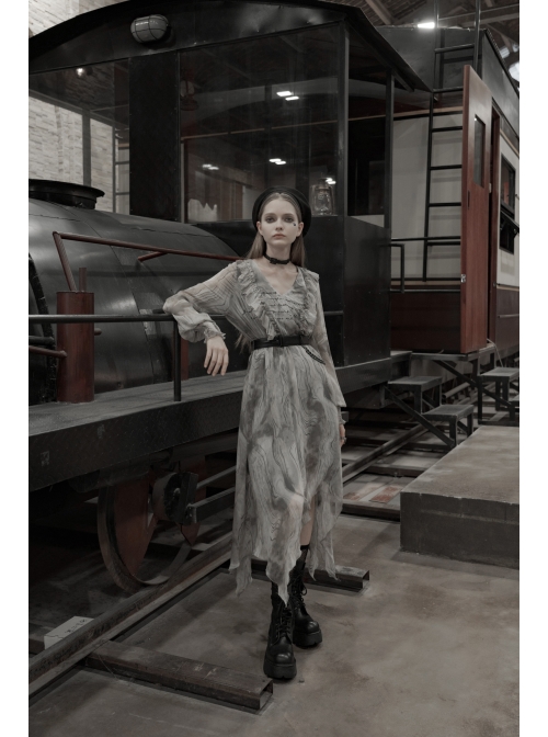 V-Neck Front Chest Embroidered Lantern Sleeve Leather Belt Grey Punk Print Chiffon Dress