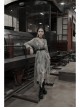 V-Neck Front Chest Embroidered Lantern Sleeve Leather Belt Grey Punk Print Chiffon Dress