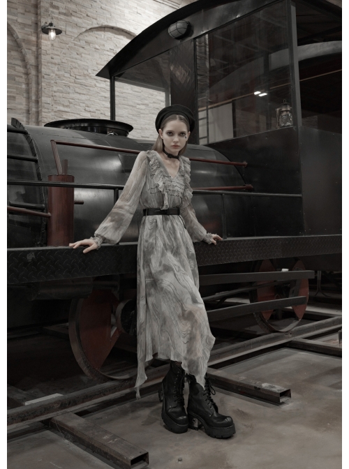 V-Neck Front Chest Embroidered Lantern Sleeve Leather Belt Grey Punk Print Chiffon Dress