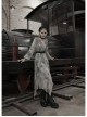 V-Neck Front Chest Embroidered Lantern Sleeve Leather Belt Grey Punk Print Chiffon Dress