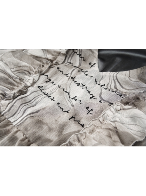 V-Neck Front Chest Embroidered Lantern Sleeve Leather Belt Grey Punk Print Chiffon Dress