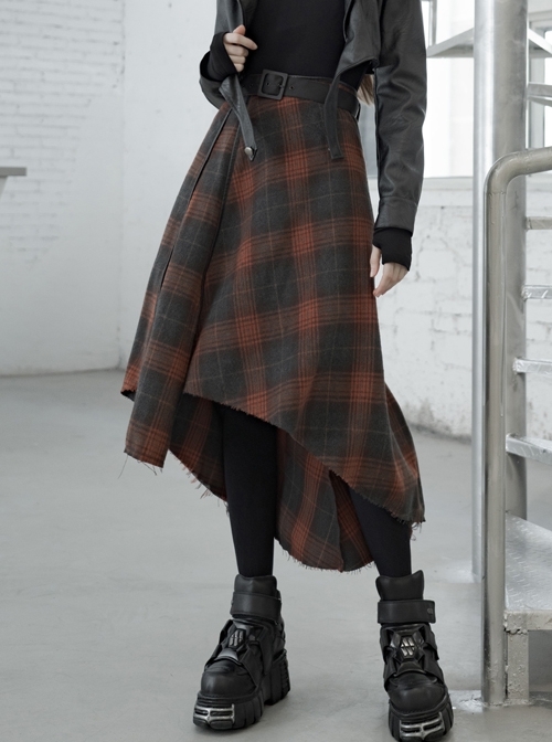 Metal Buckle Belt High Waist Irregular Hairy Hem Brown Plaid Punk Long Skirt