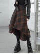 Metal Buckle Belt High Waist Irregular Hairy Hem Brown Plaid Punk Long Skirt