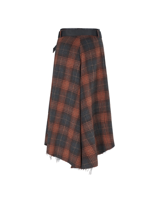Metal Buckle Belt High Waist Irregular Hairy Hem Brown Plaid Punk Long Skirt