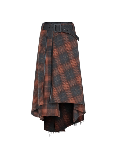Metal Buckle Belt High Waist Irregular Hairy Hem Brown Plaid Punk Long Skirt