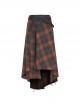 Metal Buckle Belt High Waist Irregular Hairy Hem Brown Plaid Punk Long Skirt