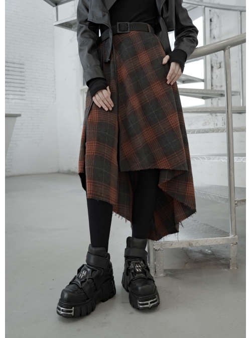 Metal Buckle Belt High Waist Irregular Hairy Hem Brown Plaid Punk Long Skirt