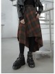 Metal Buckle Belt High Waist Irregular Hairy Hem Brown Plaid Punk Long Skirt