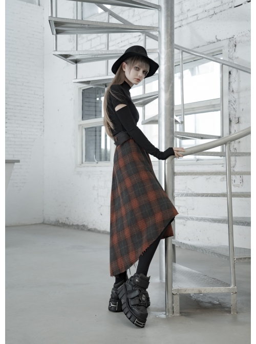 Metal Buckle Belt High Waist Irregular Hairy Hem Brown Plaid Punk Long Skirt