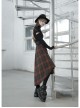 Metal Buckle Belt High Waist Irregular Hairy Hem Brown Plaid Punk Long Skirt