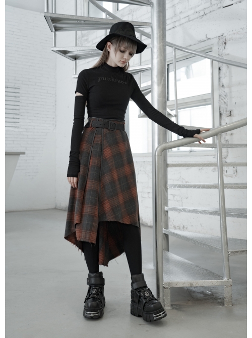 Metal Buckle Belt High Waist Irregular Hairy Hem Brown Plaid Punk Long Skirt