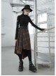 Metal Buckle Belt High Waist Irregular Hairy Hem Brown Plaid Punk Long Skirt