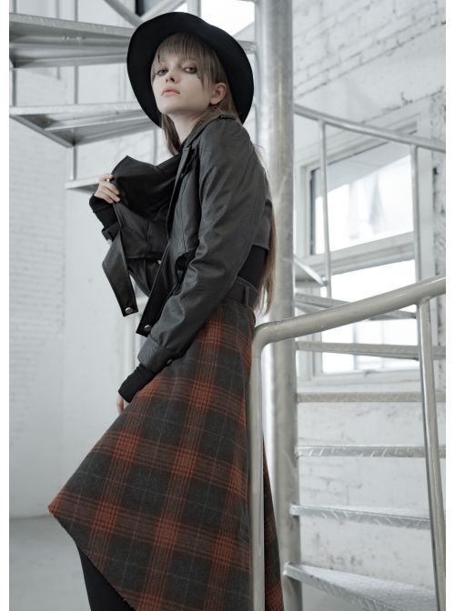 Metal Buckle Belt High Waist Irregular Hairy Hem Brown Plaid Punk Long Skirt