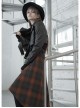 Metal Buckle Belt High Waist Irregular Hairy Hem Brown Plaid Punk Long Skirt