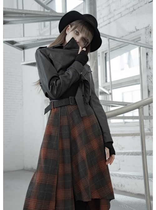 Metal Buckle Belt High Waist Irregular Hairy Hem Brown Plaid Punk Long Skirt