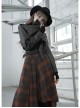 Metal Buckle Belt High Waist Irregular Hairy Hem Brown Plaid Punk Long Skirt