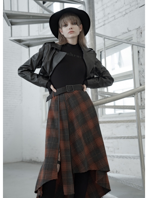 Metal Buckle Belt High Waist Irregular Hairy Hem Brown Plaid Punk Long Skirt