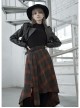 Metal Buckle Belt High Waist Irregular Hairy Hem Brown Plaid Punk Long Skirt