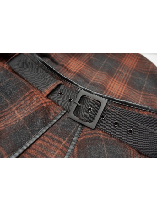 Metal Buckle Belt High Waist Irregular Hairy Hem Brown Plaid Punk Long Skirt