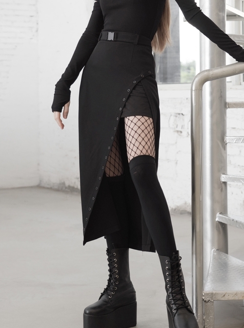 High Waist Metal Buckle Belt Front Slit Black Punk A-Type Mid-Length Skirt