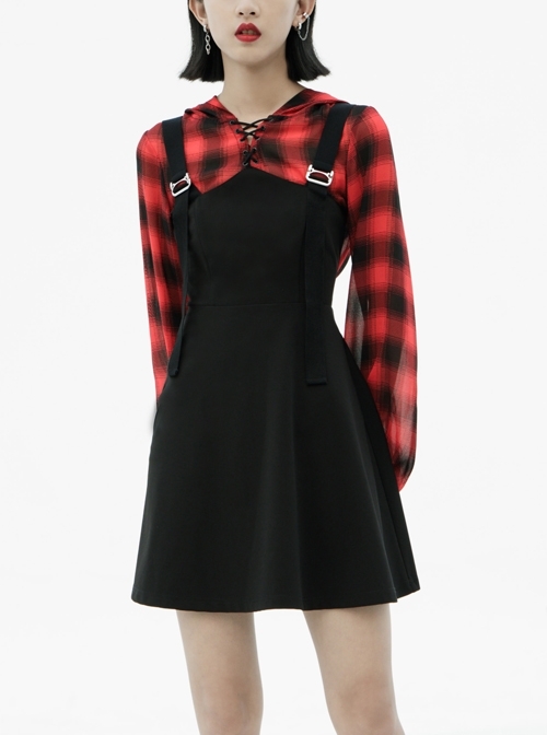 Fake Two-Piece Lace-Up Collar Metal Buckle Shoulder Strap Lantern Sleeve Punk Red Plaid Dress