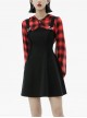 Fake Two-Piece Lace-Up Collar Metal Buckle Shoulder Strap Lantern Sleeve Punk Red Plaid Dress