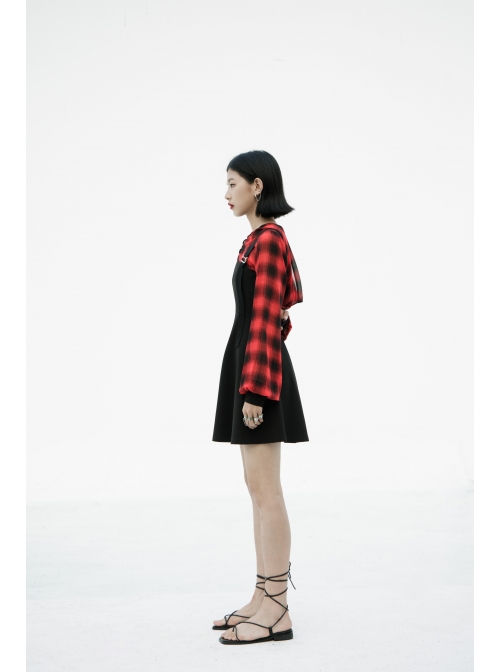 Fake Two-Piece Lace-Up Collar Metal Buckle Shoulder Strap Lantern Sleeve Punk Red Plaid Dress