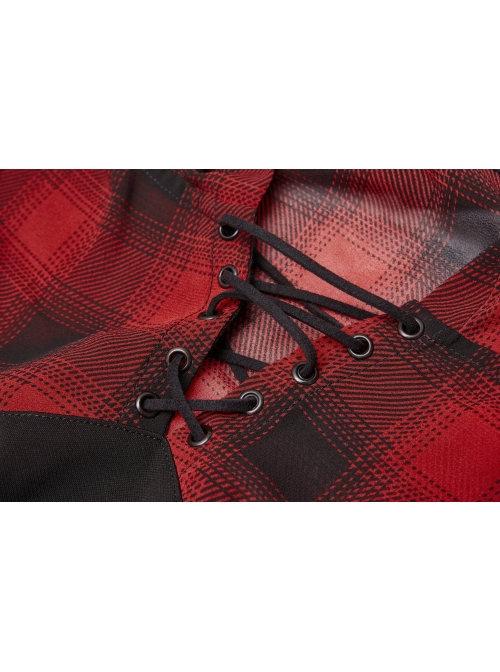 Fake Two-Piece Lace-Up Collar Metal Buckle Shoulder Strap Lantern Sleeve Punk Red Plaid Dress