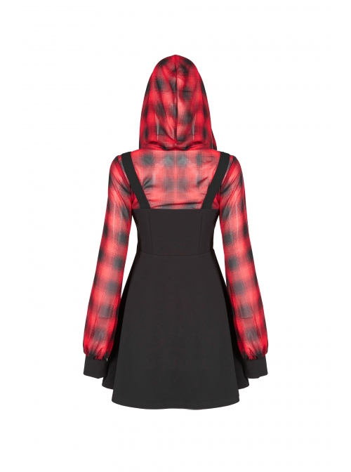 Fake Two-Piece Lace-Up Collar Metal Buckle Shoulder Strap Lantern Sleeve Punk Red Plaid Dress
