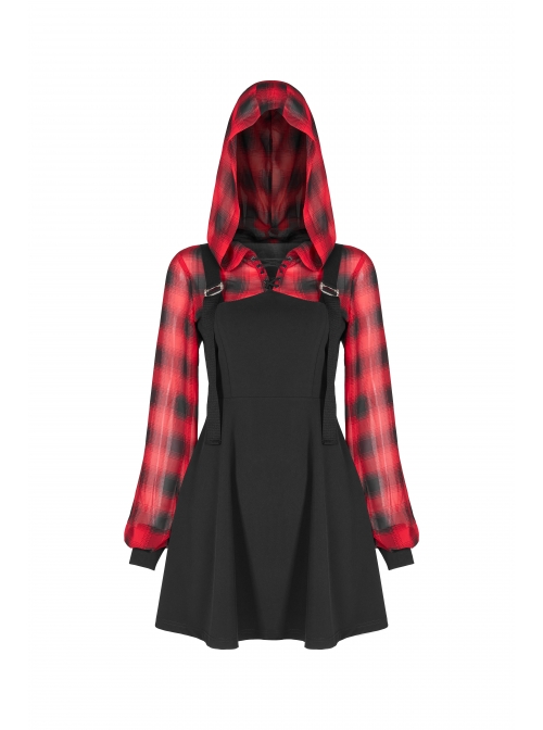 Fake Two-Piece Lace-Up Collar Metal Buckle Shoulder Strap Lantern Sleeve Punk Red Plaid Dress