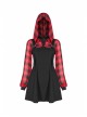 Fake Two-Piece Lace-Up Collar Metal Buckle Shoulder Strap Lantern Sleeve Punk Red Plaid Dress