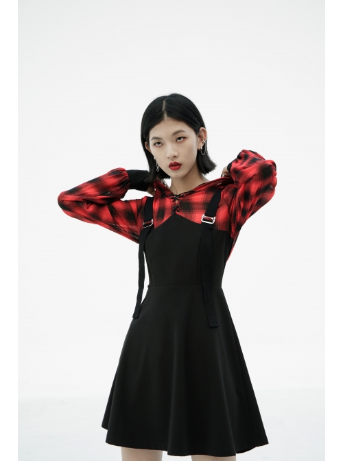 Fake Two-Piece Lace-Up Collar Metal Buckle Shoulder Strap Lantern Sleeve Punk Red Plaid Dress