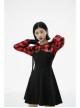 Fake Two-Piece Lace-Up Collar Metal Buckle Shoulder Strap Lantern Sleeve Punk Red Plaid Dress