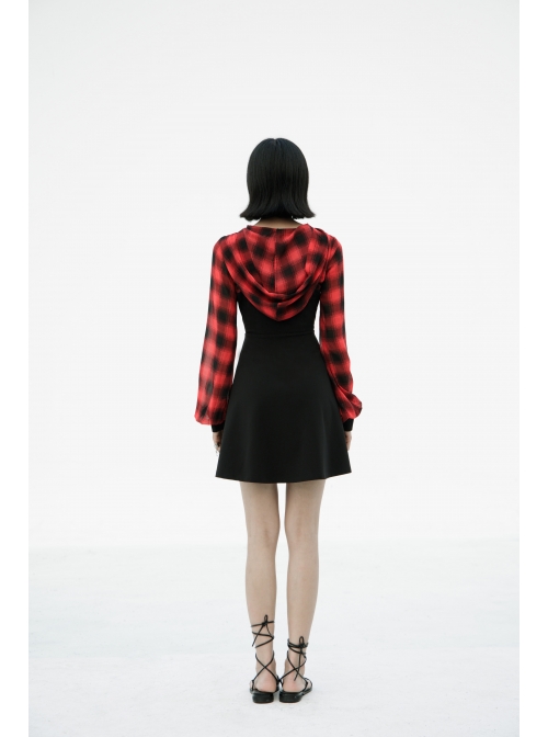 Fake Two-Piece Lace-Up Collar Metal Buckle Shoulder Strap Lantern Sleeve Punk Red Plaid Dress