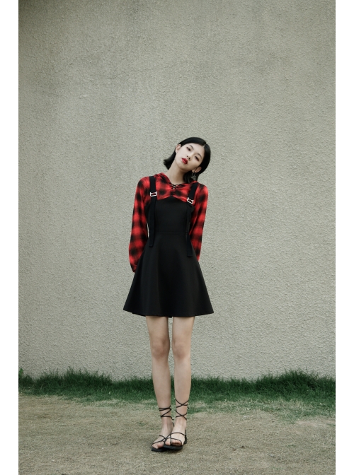 Fake Two-Piece Lace-Up Collar Metal Buckle Shoulder Strap Lantern Sleeve Punk Red Plaid Dress